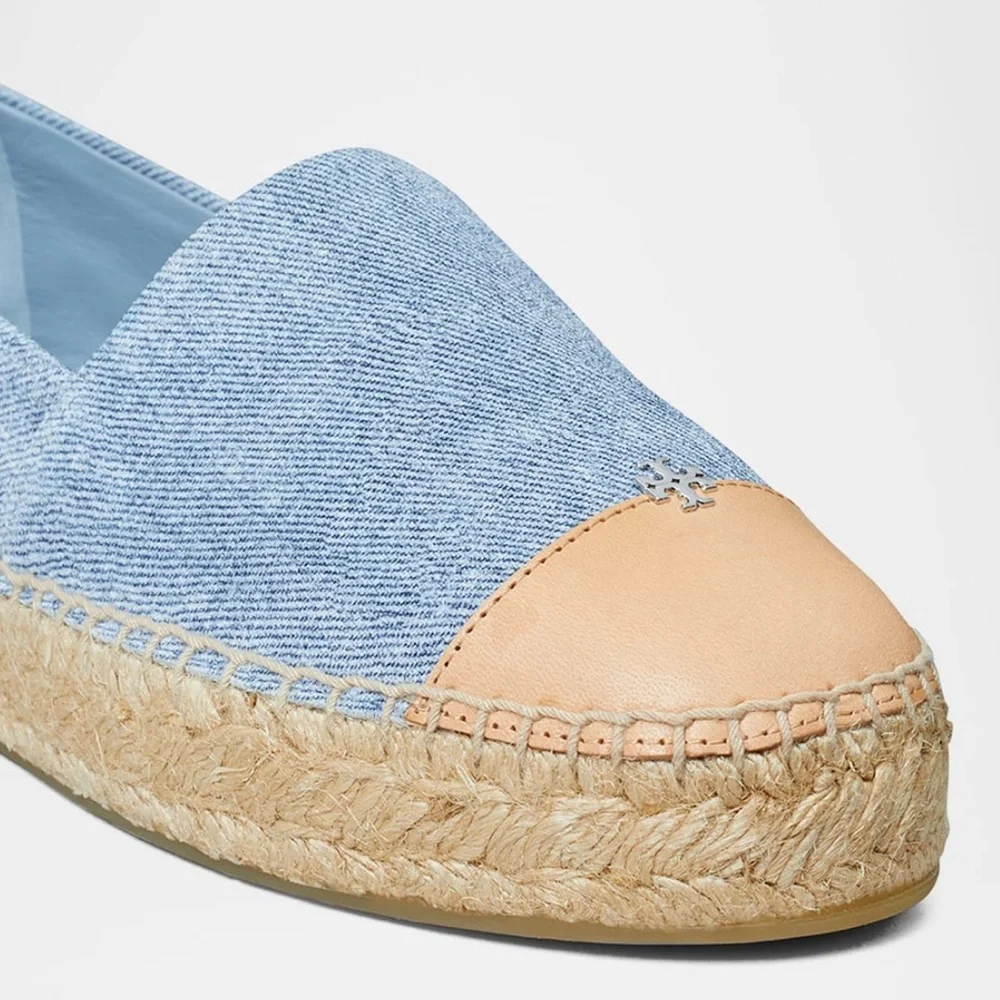 Tory Burch Bi-color Denim Ankle Wrap Cap Toe Espadrilles NWT